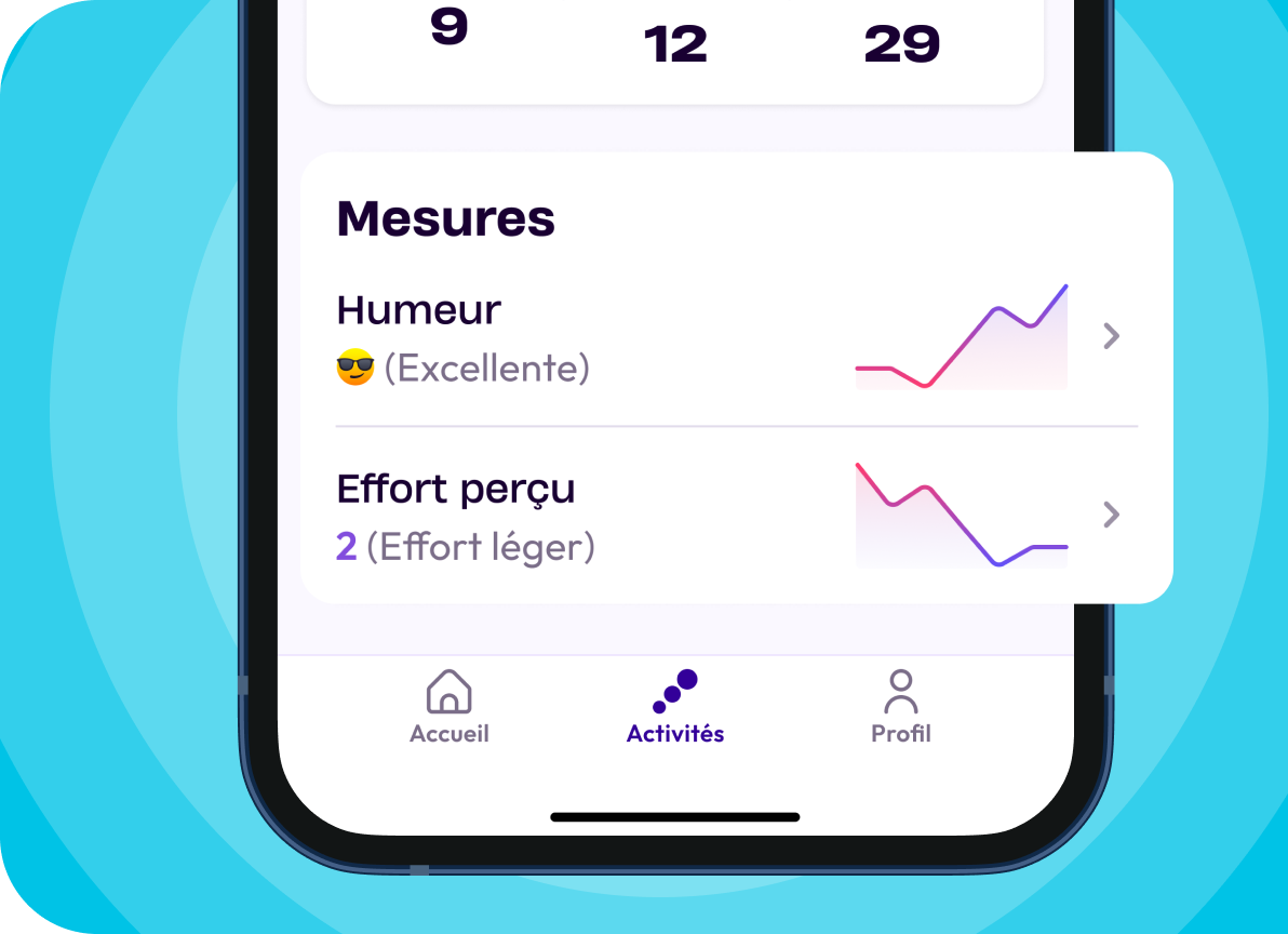 Capture d'écran de la section Mesures sur l'application physio.me