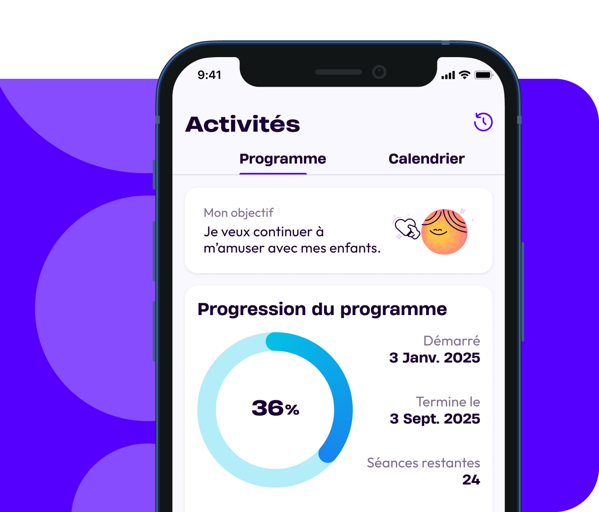 Capture d'écran des activités sur l'application physio.me
