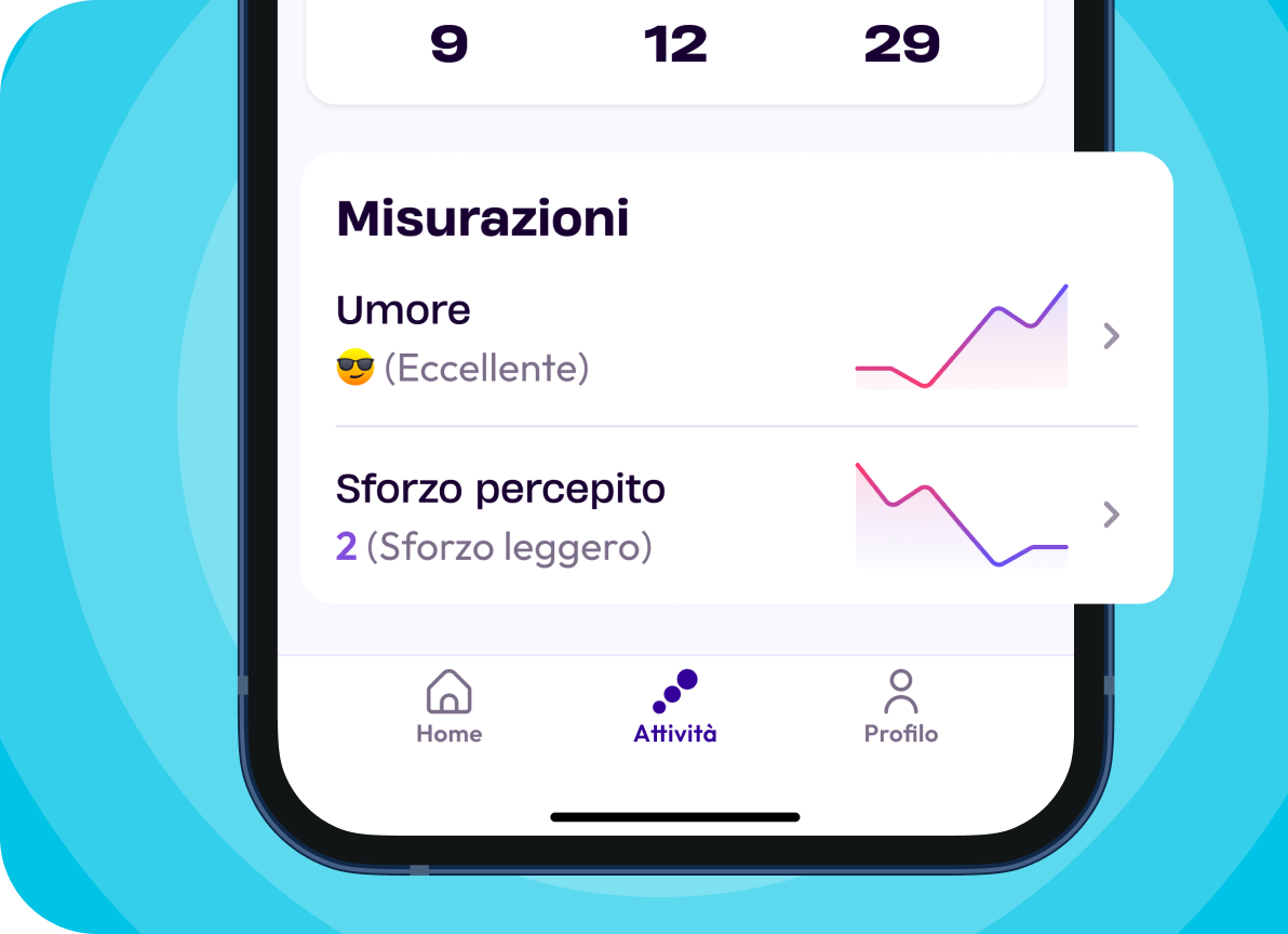 Schermata della sezione Misurazioni sull’app Physio.me
