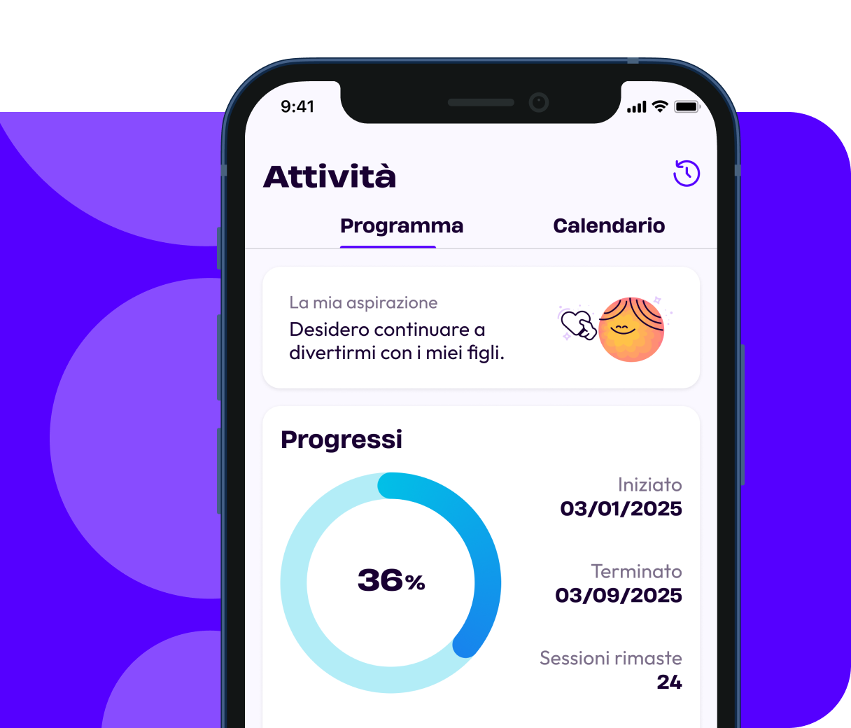 Schermata delle attività sull’app Physio.me