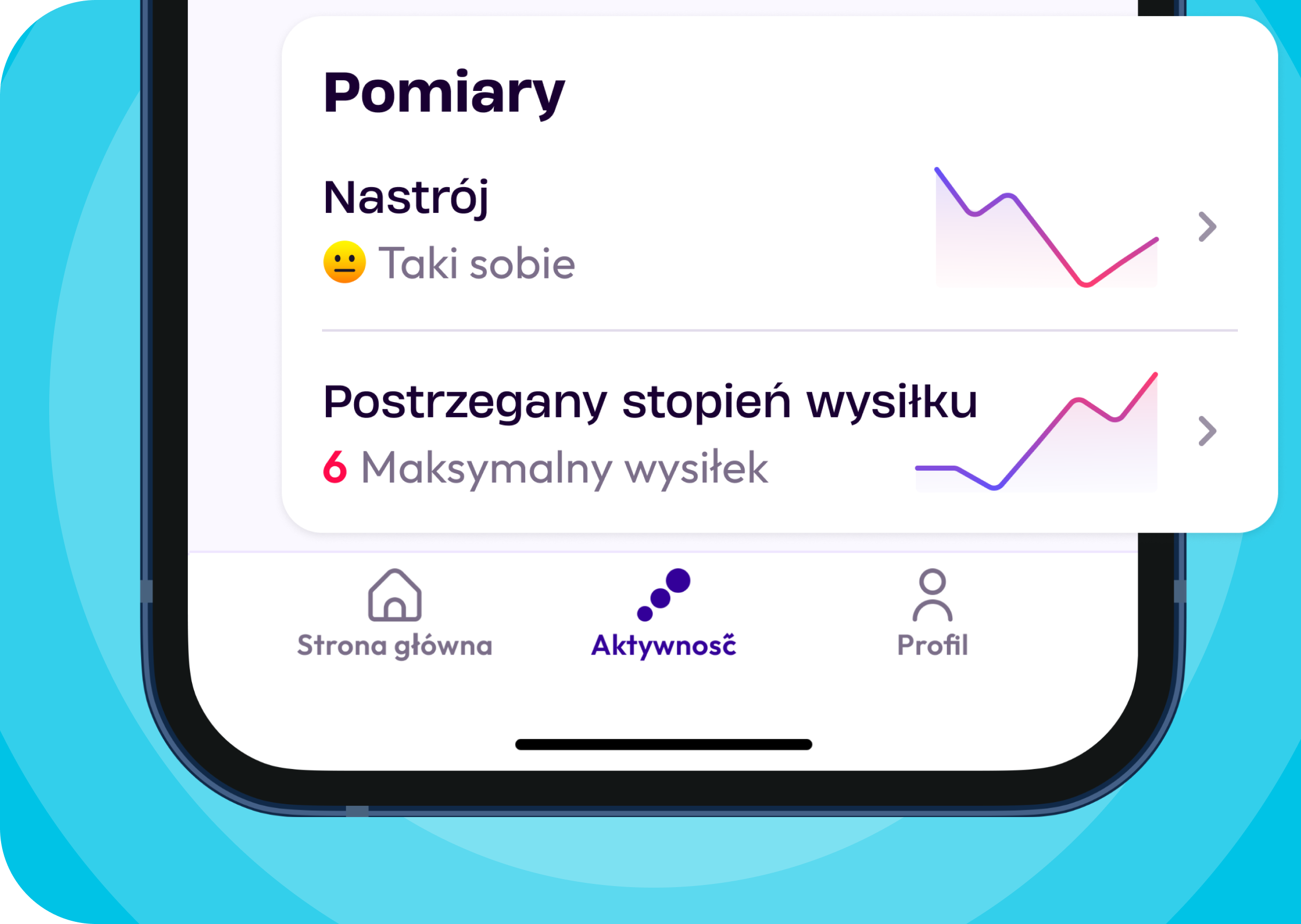 Zrzut ekranu przedstawiający część dotyczącą pomiarów w aplikacji physio.me