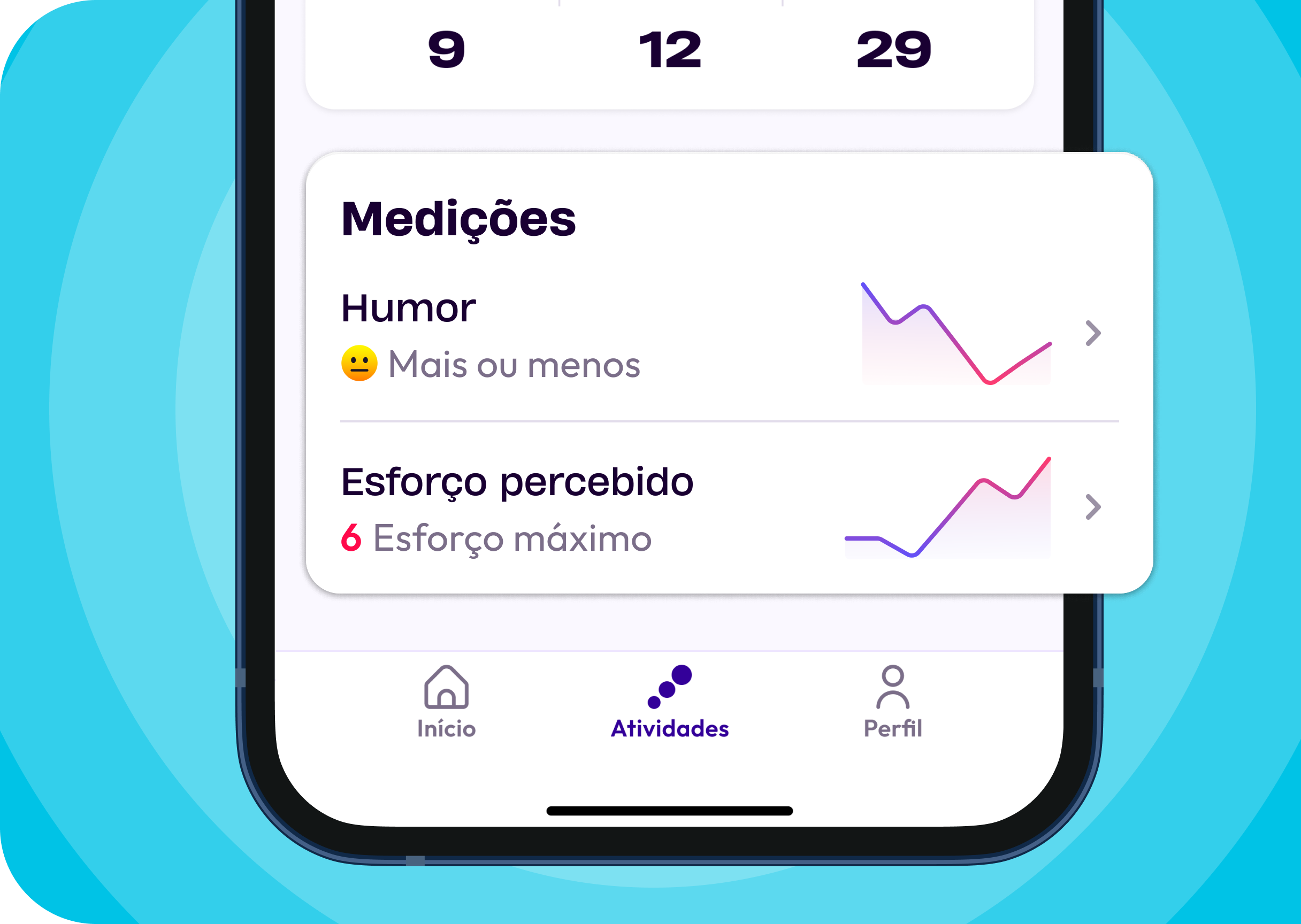 Tela da seção de medidas no Physio.me